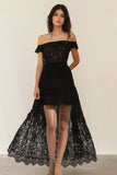 Black Lace Off The Shoulder High-Low Cocktail Dress