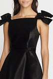 Simple A Line Satin Black Short Cocktail Dress with Bow