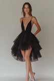 Ruffled Tulle High-Low Deep V-Neck Tiered Black Cocktail Dress