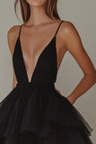 Ruffled Tulle High-Low Deep V-Neck Tiered Black Cocktail Dress