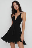 A Line Spaghetti Straps Black Short Cocktail Dress with Sash