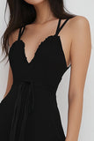 A Line Spaghetti Straps Black Short Cocktail Dress with Sash