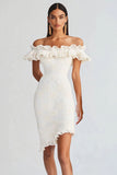 Off The Shoulder White Lace Ruffled Short Graduation Dress