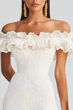 Off The Shoulder White Lace Ruffled Short Graduation Dress