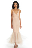 Champagne Mermaid Ruffled Deep V Neck Long Formal Dress