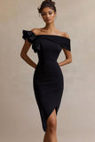Black Satin Bodycon Midi Cocktail Dress with Ruffles