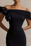 Black Satin Bodycon Midi Cocktail Dress with Ruffles