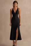 Black Satin V Neck Sheath Long Formal Dress with Slit