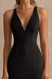 Black Satin V Neck Sheath Long Formal Dress with Slit