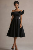 Black Satin A Line Midi Cocktail Dress with Bow
