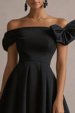 Black Satin A Line Midi Cocktail Dress with Bow