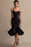 Black Satin Mermaid Ruffled Midi Cocktail Dress