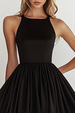 Black A Line Halter Short Satin Cocktail Dress