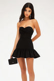 Black A Line Satin Short Cocktail Dress with Ruffles