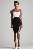 Black and White Satin Bodycon Midi Cocktail Dress with Slit