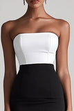 Black and White Satin Bodycon Midi Cocktail Dress with Slit