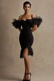 Black Off the Shoulder Bodycon Ruffled Short Cocktail Dress