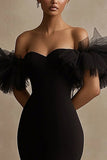Black Off the Shoulder Bodycon Ruffled Short Cocktail Dress