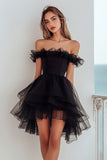 Black Organza Off the Shoulder A Line Ruffled Short Cocktail Dress