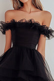 Black Organza Off the Shoulder A Line Ruffled Short Cocktail Dress