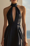Black Chiffon Halter High-Low Cocktail Dress with Keyhole