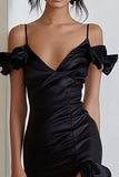 Black Cold Shoulder Ruffled Long Formal Dresswith Slit