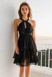 Black Chiffon Halter A Line Tiered Short Cocktail Dress with Keyhole