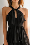 Black Chiffon Halter A Line Tiered Short Cocktail Dress with Keyhole