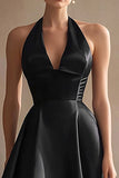 Simple Black Satin Halter A Line High-Low Cocktail Dress