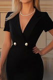 Black Satin Bodycon V Neck Short Cocktail Dress