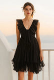 Black Chiffon A Line Ruffled Short Cocktail Dress