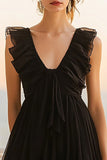 Black Chiffon A Line Ruffled Short Cocktail Dress