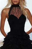 Black Lace A Line Tiered Ruffled Short Cocktail Dress