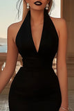 Black Halter Bodycon Satin Short Cocktail Dress