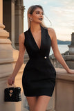 Black Deep V-Neck Bodycon Satin Short Cocktail Dress