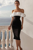 Black and White Satin Off The Shoulder Midi Cocktail Dress