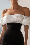 Black and White Satin Off The Shoulder Midi Cocktail Dress