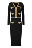 Black 2 Piece V Neck Women Suits with Rhinestones