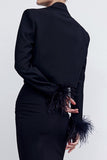 Black 2 Piece Notched Lapel Women Formal Suits with Feather