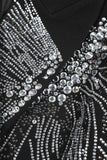 Sparkly Black Peak Lapel Double Breasted Women Formal Blazer with Beading