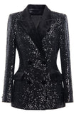 Sparkly Black Sequin Peak Lapel Double Breasted Women Formal Blazer