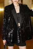 Sparkly Black Sequin Peak Lapel Double Breasted Women Formal Blazer