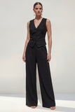 Navy 2 Piece Satin V Neck Sleeveless Women Formal Suits