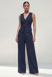 Navy 2 Piece Satin V Neck Sleeveless Women Formal Suits