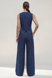 Navy 2 Piece Satin V Neck Sleeveless Women Formal Suits