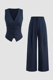 Navy 2 Piece Satin V Neck Sleeveless Women Formal Suits