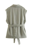 Grey Green 2 Piece Notched Lpael Sleeveless Women Formal Suits