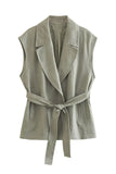 Grey Green 2 Piece Notched Lpael Sleeveless Women Formal Suits