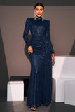 Sparkly Navy Sheath Wedding Guest Dress with Streamer