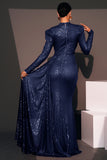 Sparkly Navy Sheath Wedding Guest Dress with Streamer